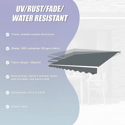 Automatic Retractable Awning 4x2.5m - Grey Outdoor Wall Sunshade