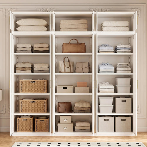 240x240cm 6-Door White Steel Shelf Wardrobe with Gold Handle Storage Cabinet