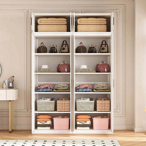 160x240cm 4-Door White Steel Shelf Wardrobe with Gold Handle Storage Cabinet