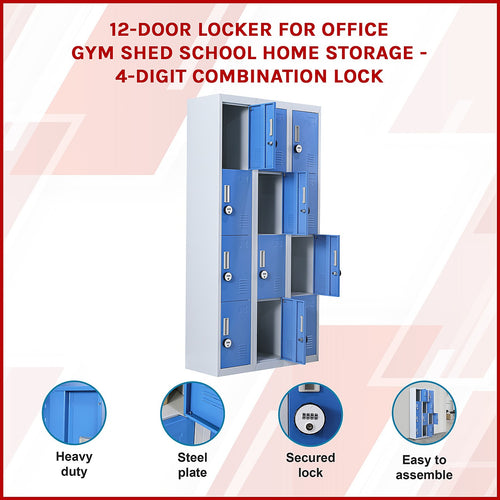12-Door Locker – Grey with Blue Door with 4-Digit Combination Lock | Secure Storage for Office, Gym or School Use