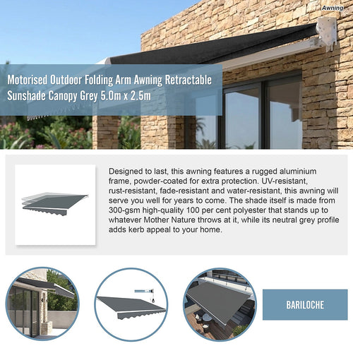 Automatic Retractable Awning 5x2.5m - Grey Outdoor Wall Sunshade