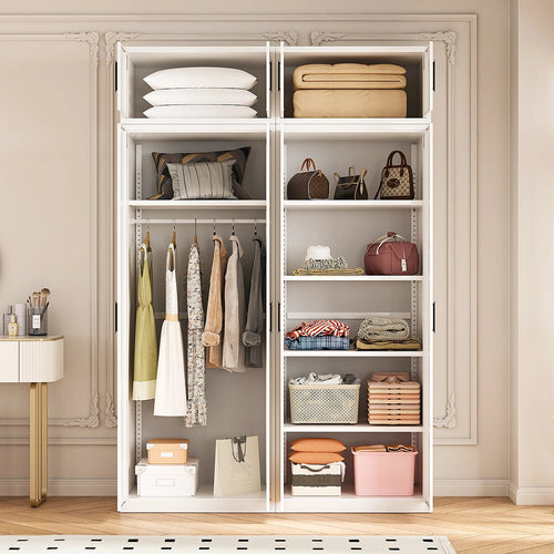 160x240cm 4-Door White Steel Hanging and Shelf Wardrobe with Black Handle Storage Cabinet