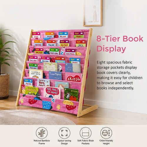 Children’s Book Display Rack – 8-Tier Bamboo Kids Bookshelf