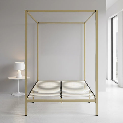 4-Poster Double Bed Frame – Sturdy Gold Modern Canopy Bed for Bedroom