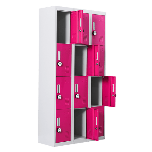 Grey with Pink Door 12-Door Locker for Office Gym Shed School Home Storage - 4-Digit Combination Lock