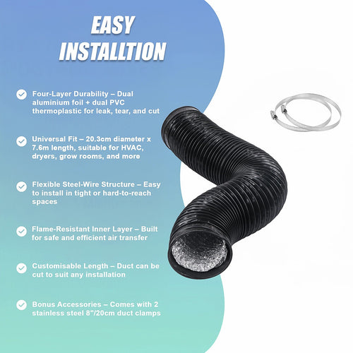 Flexible Aluminium Ducting 20.3cm x 7.6m – 4-Layer Vent Hose for HVAC & Dryers
