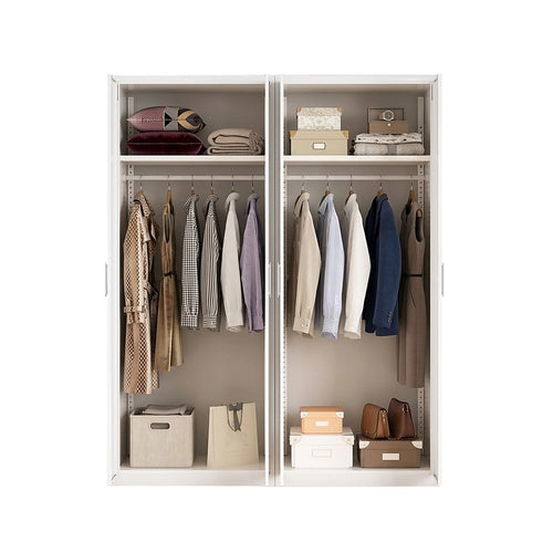 160x200cm 4-Door White Steel Hanging Wardrobe with White Handle Storage Cabinet