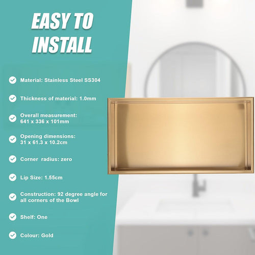 641 x 336 x 101mm Shower Niche Single Shelf Organizer No Tile Needed in Gold Finish