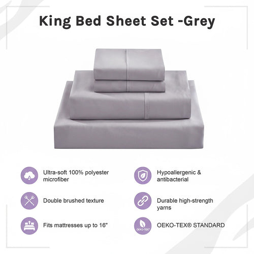 King Bed Sheet Set – 1800 Series Microfiber, Deep Pocket, Soft & Breathable, Grey