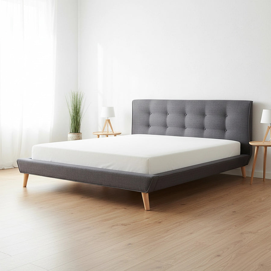 Queen Linen Fabric Bed with Button Tufted Headboard - Grey