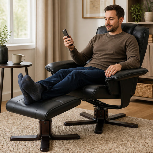 Massage Chair Recliner with Ottoman & Remote – Black PU Leather Lounge for Home Relaxation