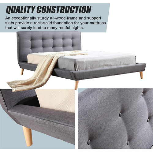 Double Linen Fabric Bed with Button Tufted Headboard - Grey