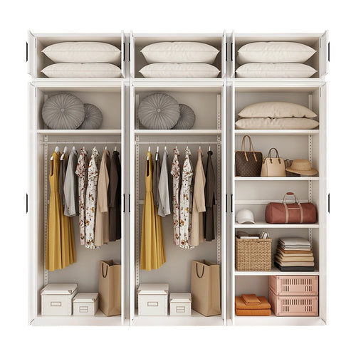 240x240cm 6-Door White Steel 2 Hanging and 1 Shelf Wardrobe with Black Handle Storage Cabinet