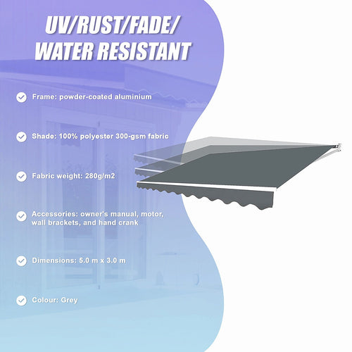 Automatic Retractable Awning 5.0 x 3.0m - Grey Outdoor Wall Sunshade