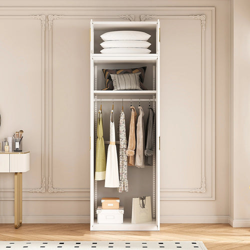80x240cm 2-Door White Steel Hanging Wardrobe with Gold Handle Storage Cabinet