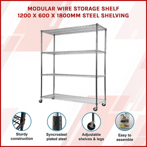 Modular Wire Storage Shelf 1200 x 600 x 1800mm Steel Shelving - Carbon Chrome Plated with Wheels