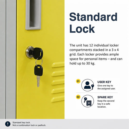 12-Door Steel Locker – Grey with Yellow Door, Standard Lock with 2 Keys