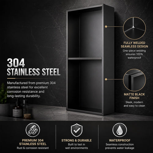 70cm Black Recessed Shower Niche Shelf 304 Stainless Steel No Tile Bathroom Wall Insert