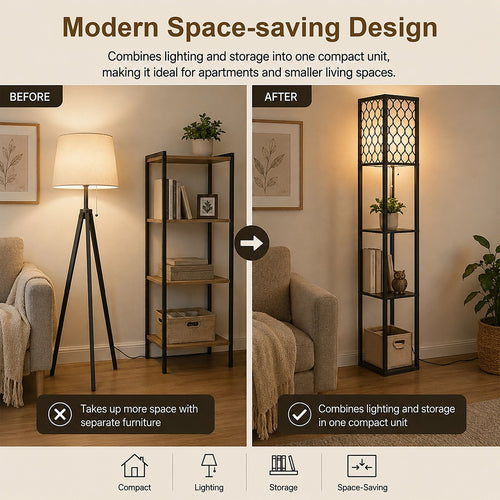 Shelf Floor Lamp with Shade and Open Shelves in Black Wood - Style B
