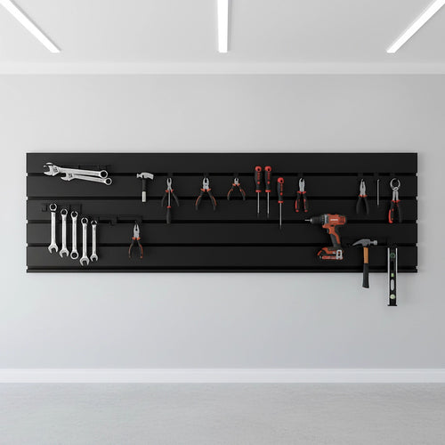 Slatwall Storage Pack – Retail Display & Garage Wall Organiser System Black PVC Panels