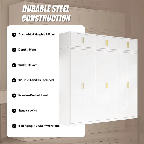 240x240cm 6-Door White Steel 1 Hanging and 2 Shelf Wardrobe with Gold Handle Storage Cabinet