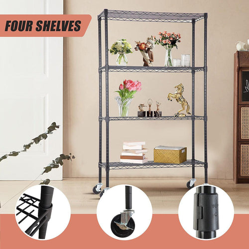 Modular Wire Storage Shelf 900 x 450 x 1800mm Steel Shelving - Baking Black Technology with Wheels