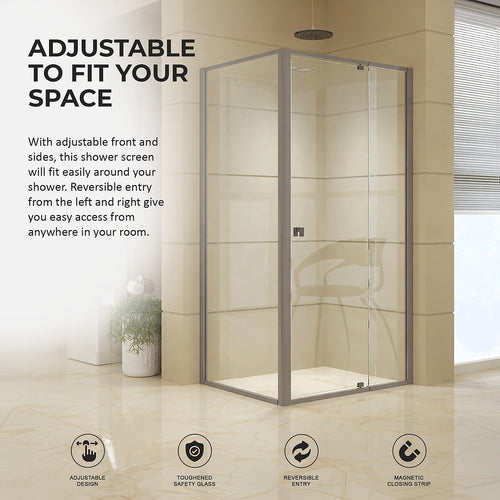 Semi-Frameless Shower Screen – Gunmetal, Front: (98~106)x195cm, Side: (77~80)x195cm