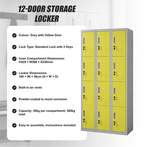 12-Door Steel Locker – Grey with Yellow Door, Standard Lock with 2 Keys