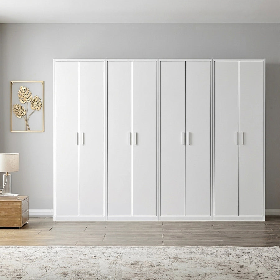 320x200cm 8-Door White Steel 3 Hanging and 1 Shelf Wardrobe with White Handle Storage Cabinet