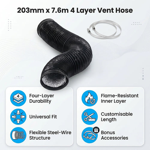 Flexible Aluminium Ducting 20.3cm x 7.6m – 4-Layer Vent Hose for HVAC & Dryers