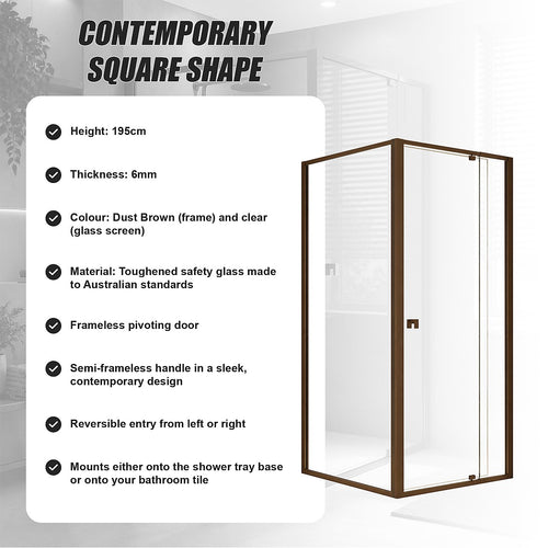 Semi-Frameless Shower Screen – Dust Brown, Front: (82~90)x195cm, Side: (98~101)x195cm
