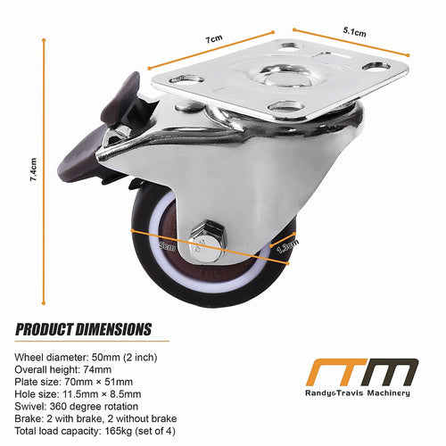 50mm Swivel Caster Wheels Set of 4 with Brakes Twin Wheel Design