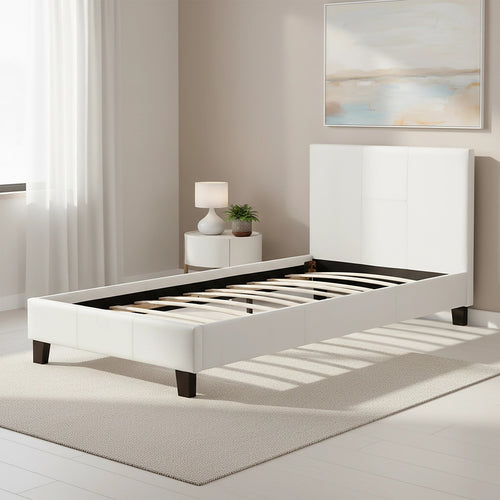 Single Size Bed Frame with Headboard – White PU Leather