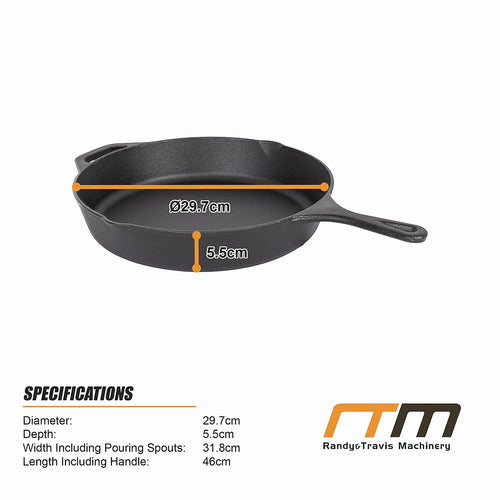 Cast Iron Frying Pan 30cm Pre-Seasoned Skillet for BBQ