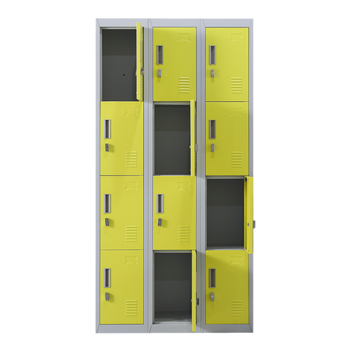 12-Door Locker – Grey with Yellow Door with Padlock-operated | Secure Storage for Office, Gym or School Use