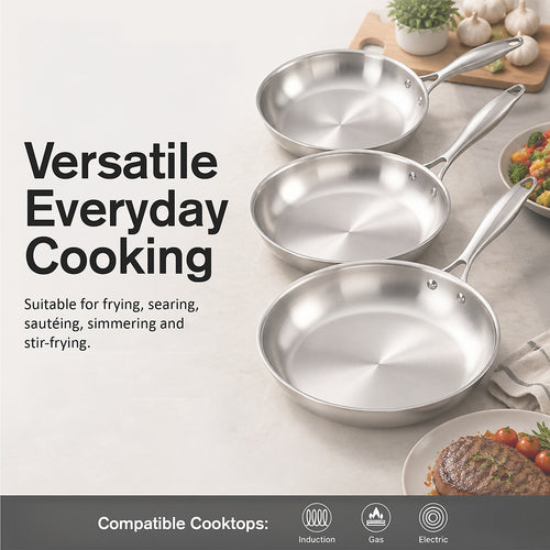 Tri Ply Stainless Steel Frying Pan Set 24 28 32cm Induction