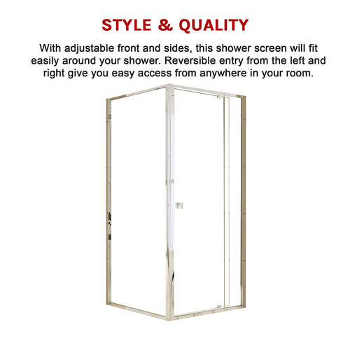 Adjustable Semi Frameless Shower Screen Front: (82~90)x195cm with Gold Hardware and Side: (77~80)x195cm