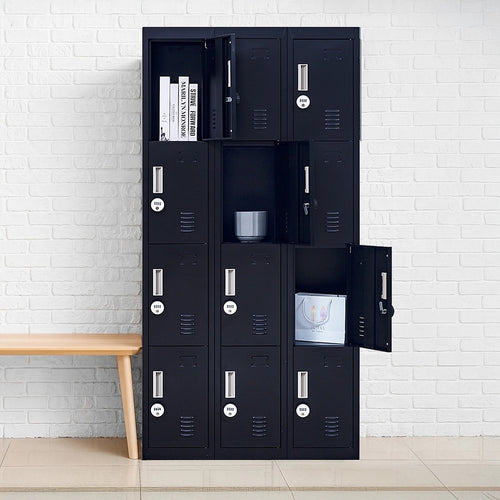 12-Door Locker – Black with 4-Digit Combination Lock | Secure Storage for Office, Gym or School Use
