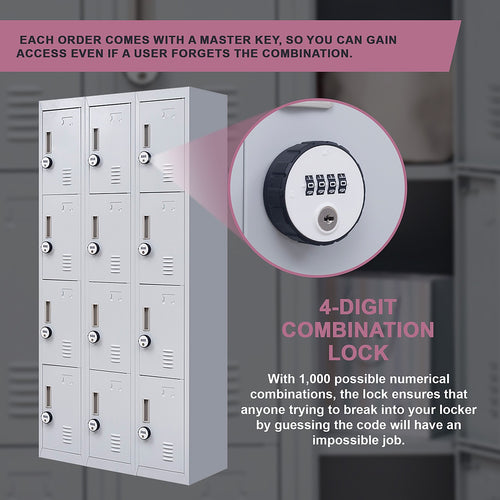 12-Door Locker – Grey with 4-Digit Combination Lock | Secure Storage for Office, Gym or School Use