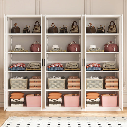 240x200cm 6-Door White Steel Shelf Wardrobe with Black Handle Storage Cabinet