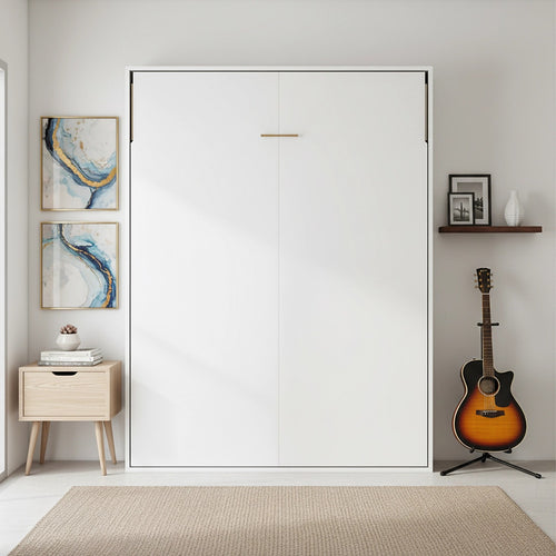 Double Wall Bed in White – Space Saving Murphy Bed Kit with Silver Door Handle