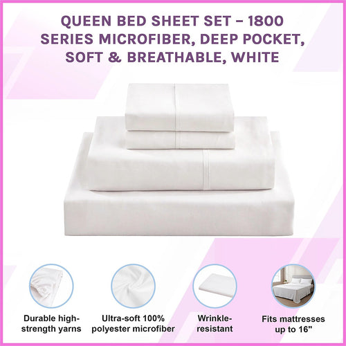 Queen Bed Sheet Set – 1800 Series Microfiber, Deep Pocket, Soft & Breathable, White