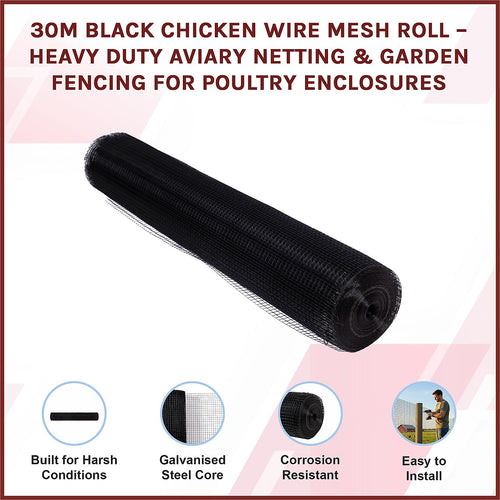 30m Black Chicken Wire Mesh Roll – Heavy Duty Aviary Netting & Garden Fencing for Poultry
