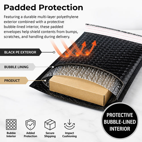 100 Pack Black Poly Bubble Mailers 18x23cm Padded Shipping Envelopes for Secure Parcel Delivery