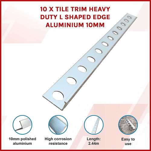 10 x Tile Trim Heavy Duty L Shaped Edge Polished Aluminium  10mm 