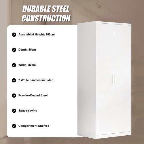 80x200cm 2-Door White Steel Shelf Wardrobe with White Handle Storage Cabinet