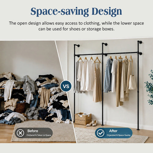 Industrial Pipe Clothes Rack Wall Mounted 201cm Heavy Duty Black