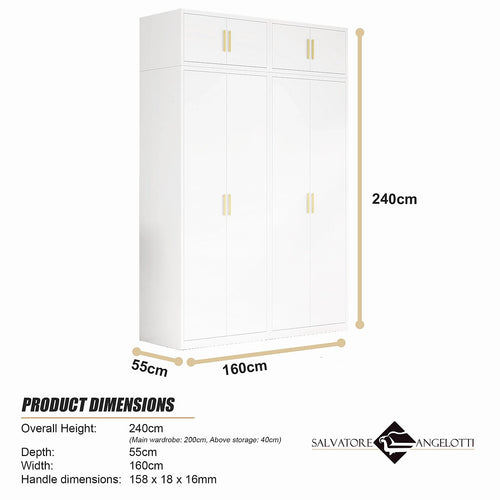 160x240cm 4-Door White Steel Hanging and Shelf Wardrobe with Gold Handle Storage Cabinet