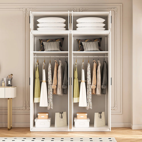160x240cm 4-Door White Steel Hanging Wardrobe with Black Handle Storage Cabinet