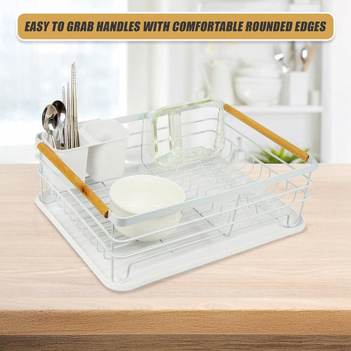 Metal Dish Drying Rack Drainboard Holder Tray Kitchen Plates Cutlery Wood Handle